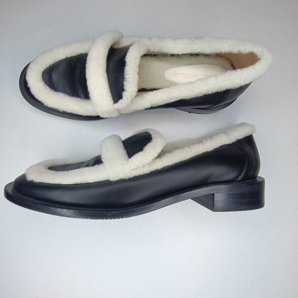 Stuart Weitzman Palmer Chill loafer in black leather with shearling trim 8.5